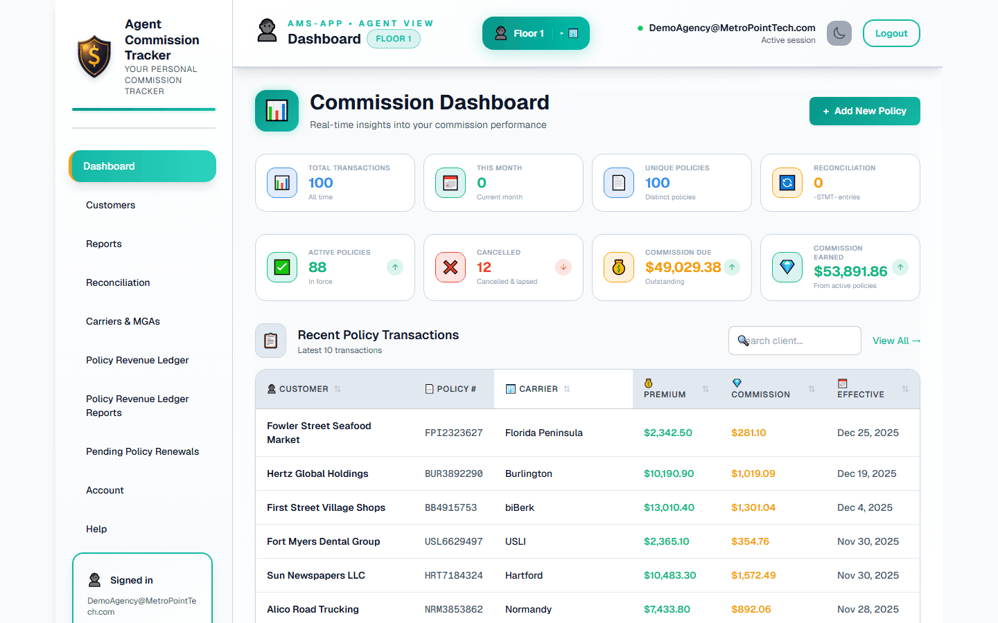 Agenient AAMS Dashboard — Autonomous Commission Reconciliation